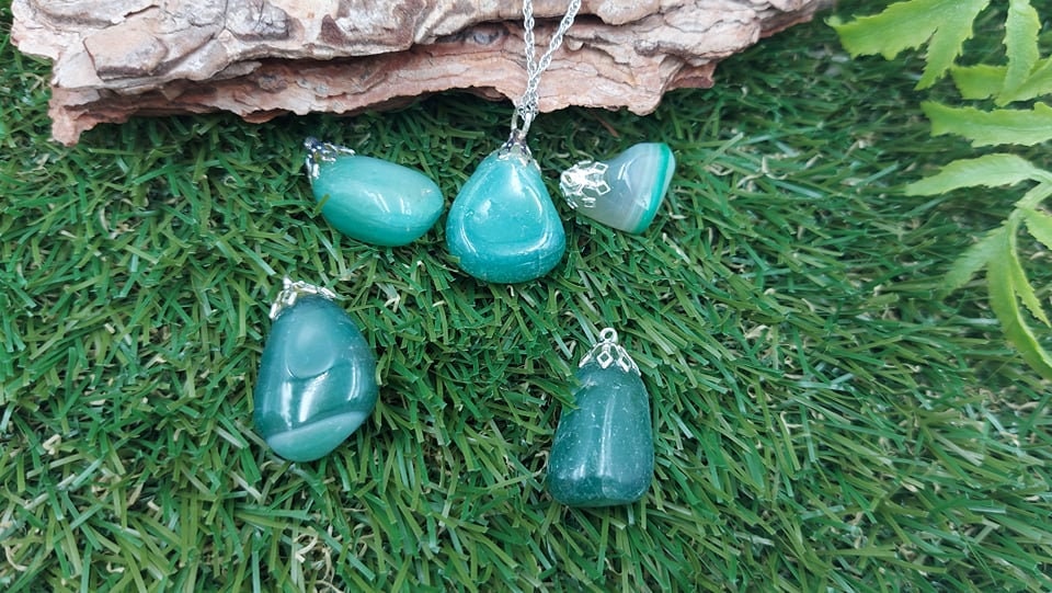 Natural Agate Green Polished Sterling Steel Necklace Healing Crystal Accessories Zodiac Mineral Stone