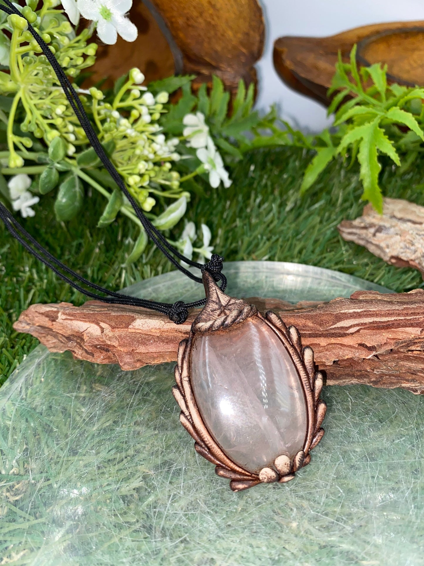 Natural Handmade Necklace- Cabochon Cut Pink Quartz Stone - Healing Stone - Gift Idea - Protection