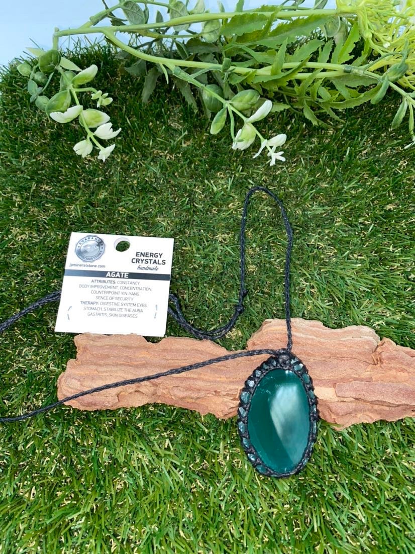 Kristall-Achatscheibe, grüner Mineralstein, brasilianischer Kristall, Heilung, Makramee, umwickelte Halskette, Schutz, Geschenk, Zubehör