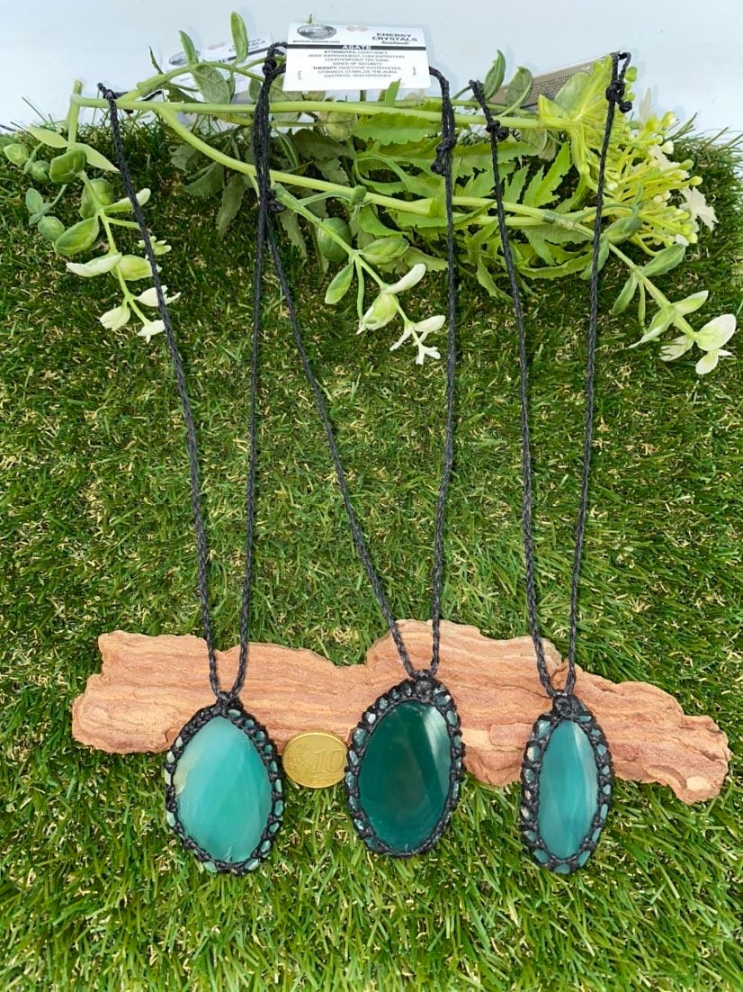 Kristall-Achatscheibe, grüner Mineralstein, brasilianischer Kristall, Heilung, Makramee, umwickelte Halskette, Schutz, Geschenk, Zubehör