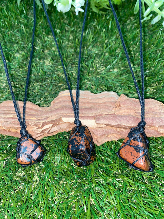 Mahogany Obsidian Polished Crystal Macrame Necklace
