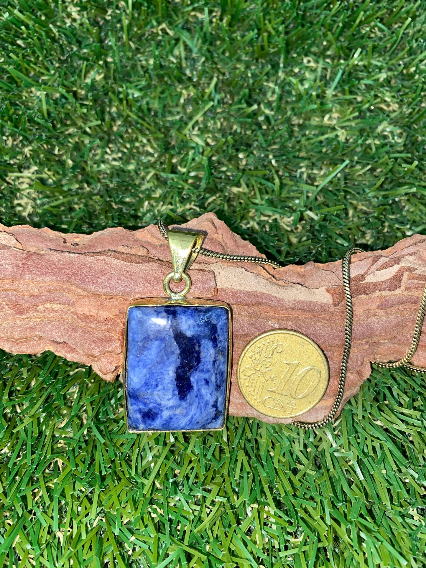 Sodalite Cabochon Cut Brass Necklace  - Brass Chain