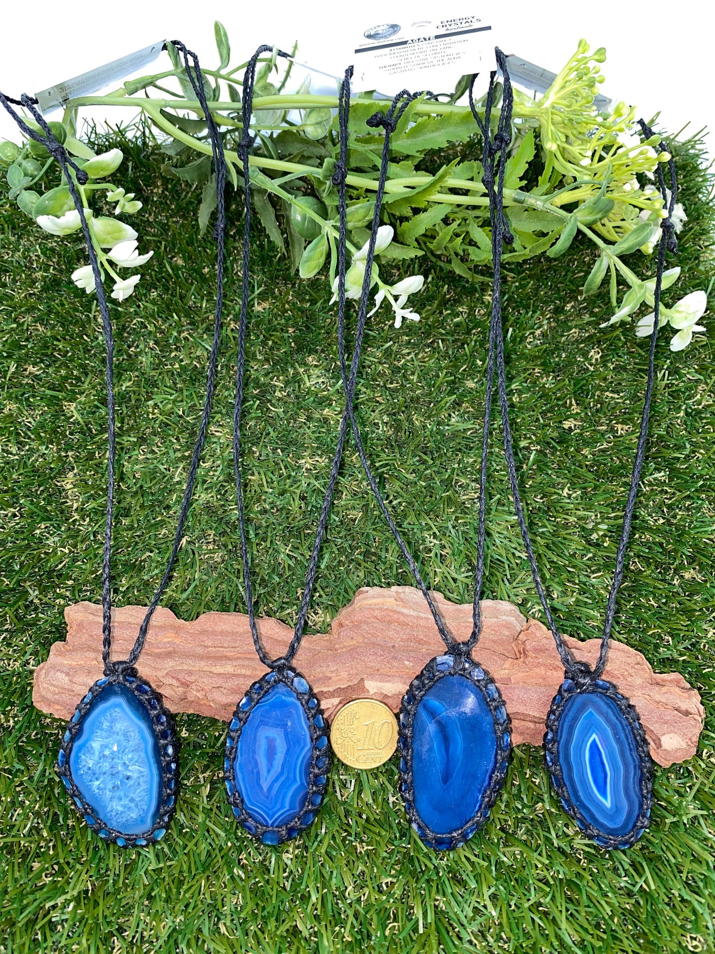 Crystal Agate Slice Blue Mineral Stone Brazilian Crystal Healing Makrame Wrapped Necklace Protection Gift Accessories