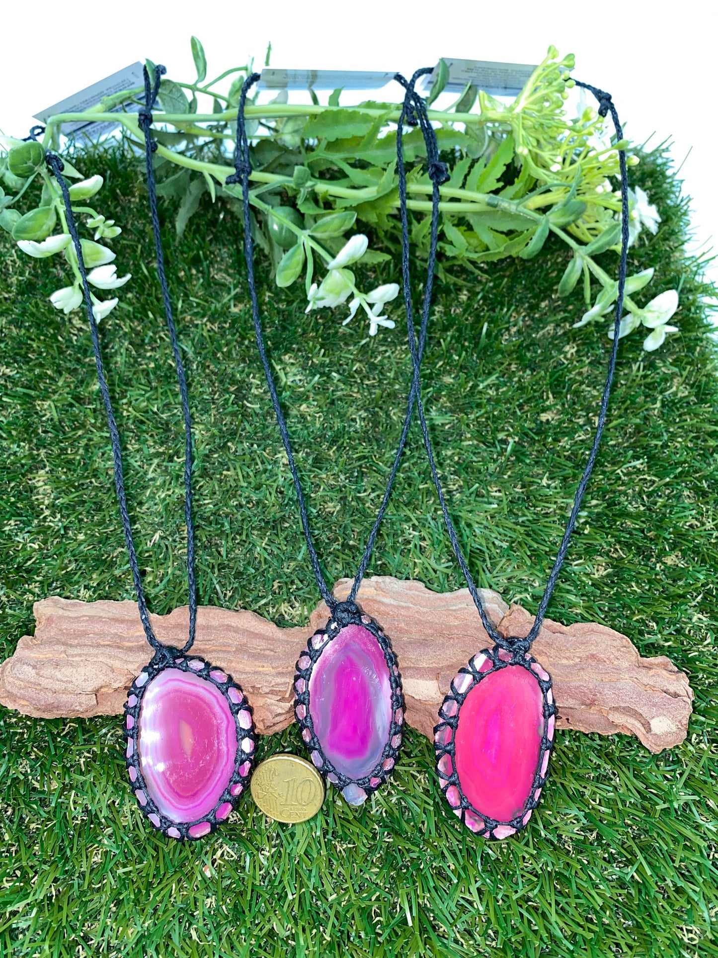 Crystal Agate Slice Pink Mineral Stone Brazilian Crystal Healing Makrame Wrapped Necklace Protection Gift Accessories
