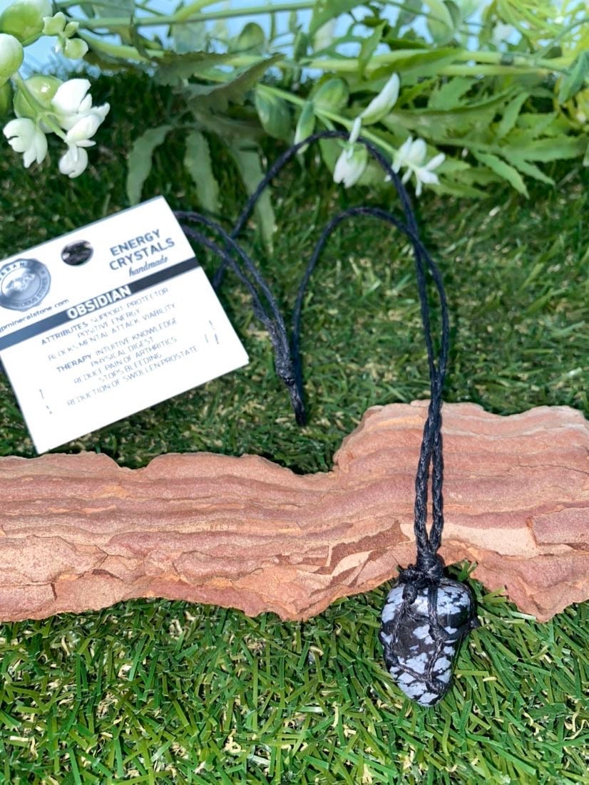 Obsidian Black Polished Macrame Wrapped Necklace Protection Gift Accessories