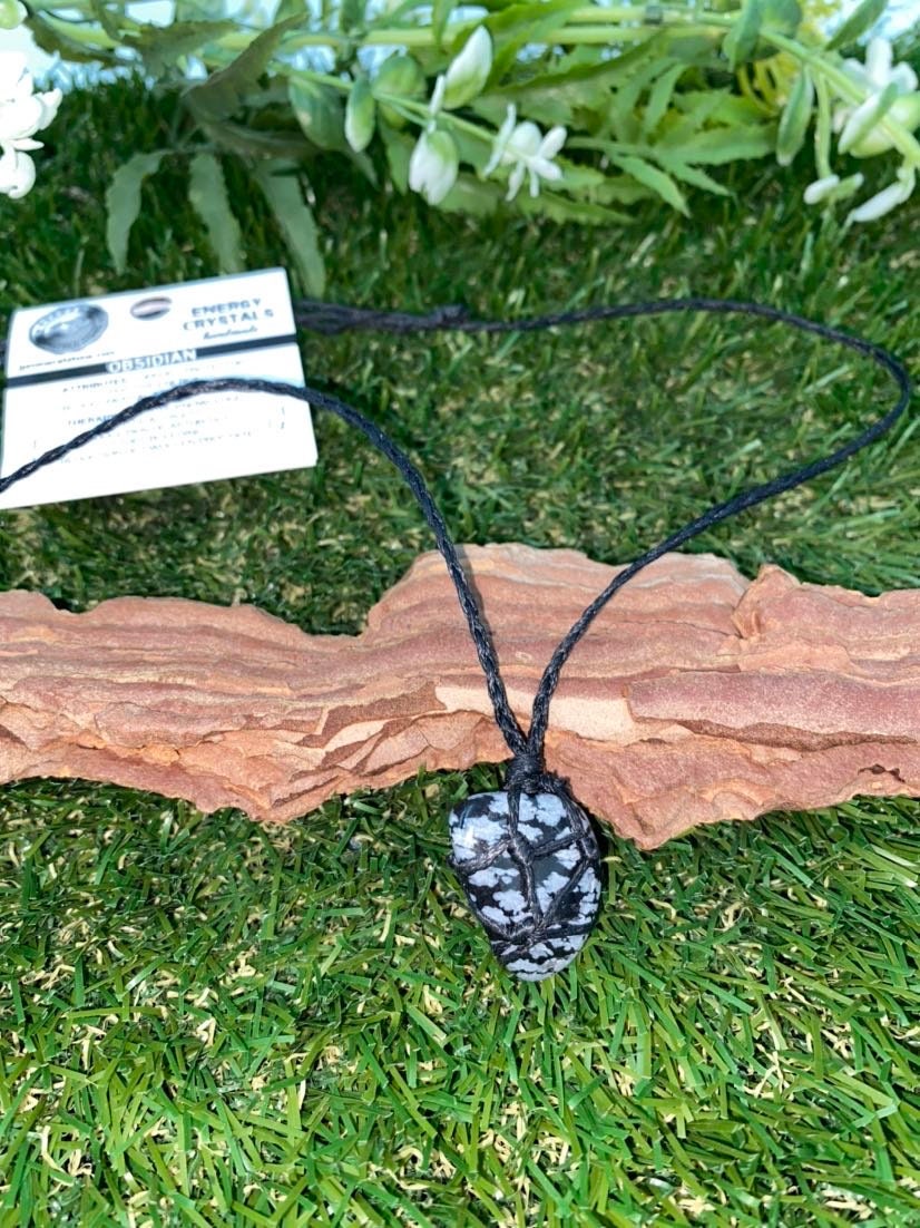 Obsidian Black Polished Macrame Wrapped Necklace Protection Gift Accessories
