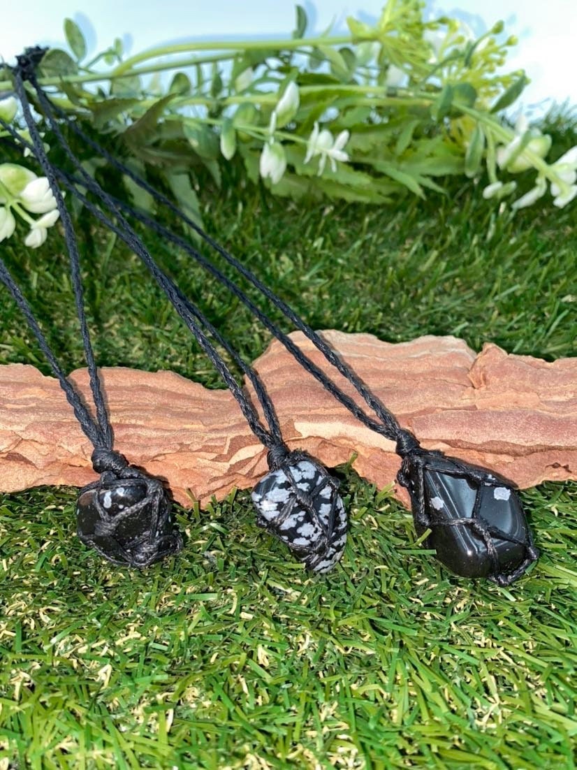 Obsidian Black Polished Macrame Wrapped Necklace Protection Gift Accessories