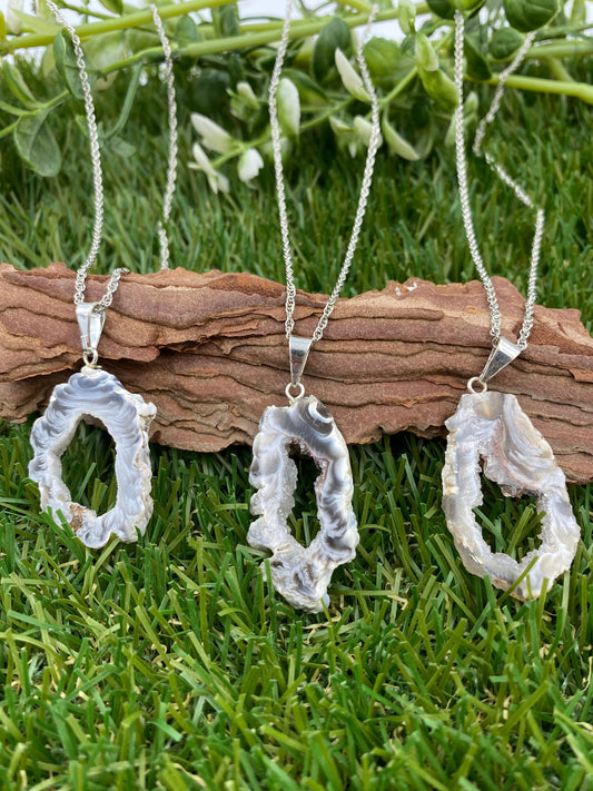 Natural Geode Agate Silver Necklace Healing Crystal Accessories Zodiac Mineral Stone