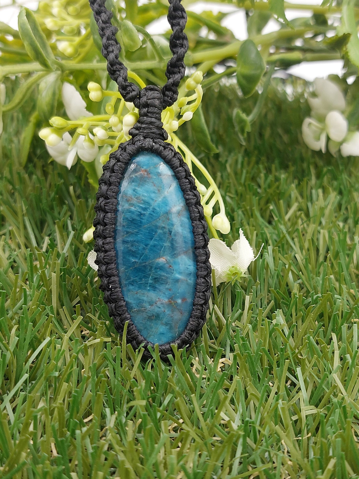 Blue Apatite Crystal Handmade Wrapped Macrame Necklace