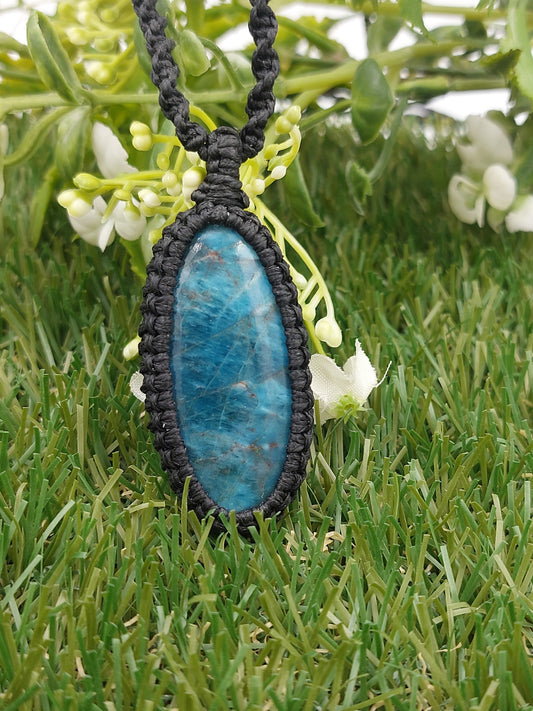 Blue Apatite Crystal Handmade Wrapped Macrame Necklace