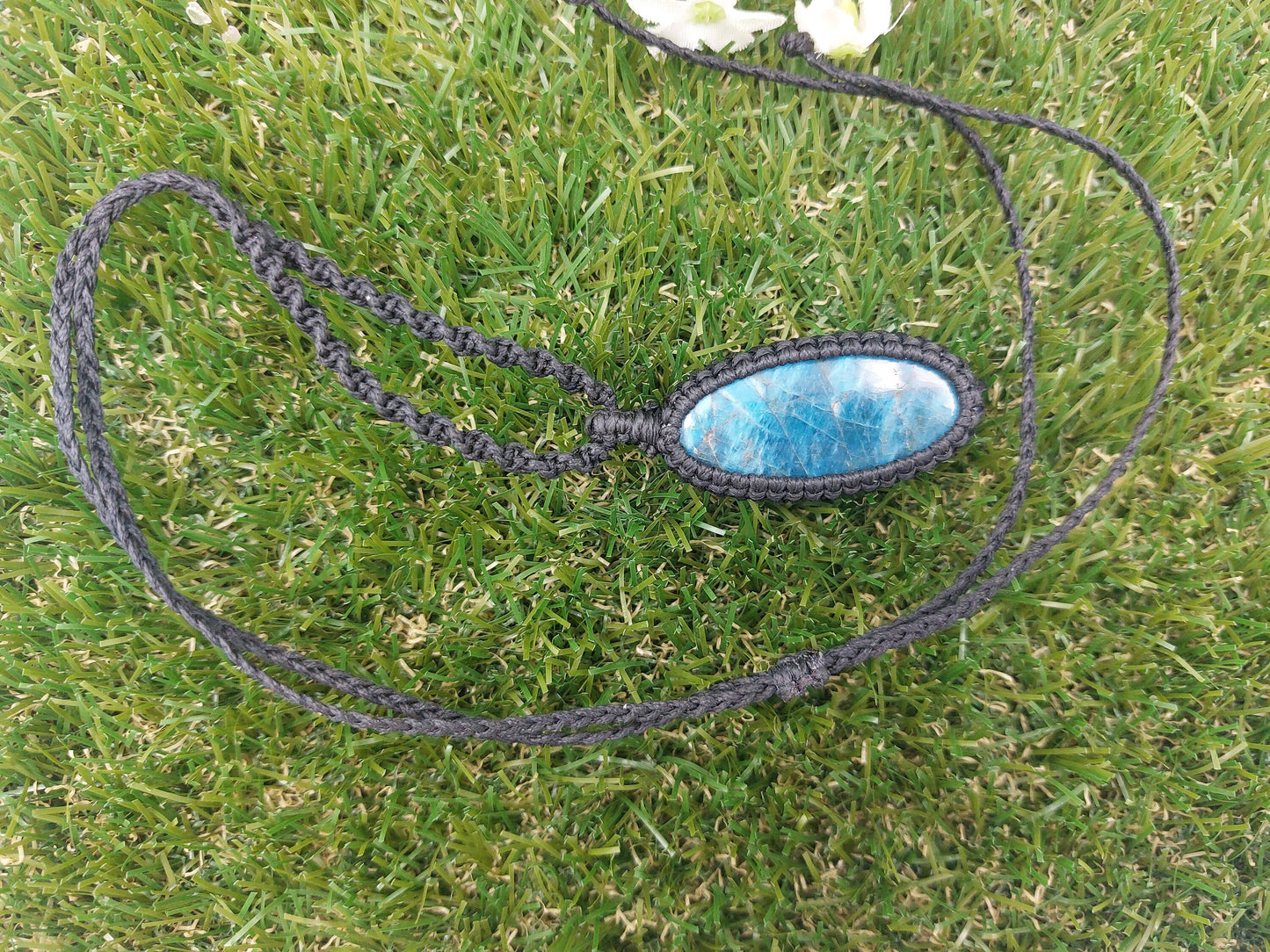 Blue Apatite Crystal Handmade Wrapped Macrame Necklace