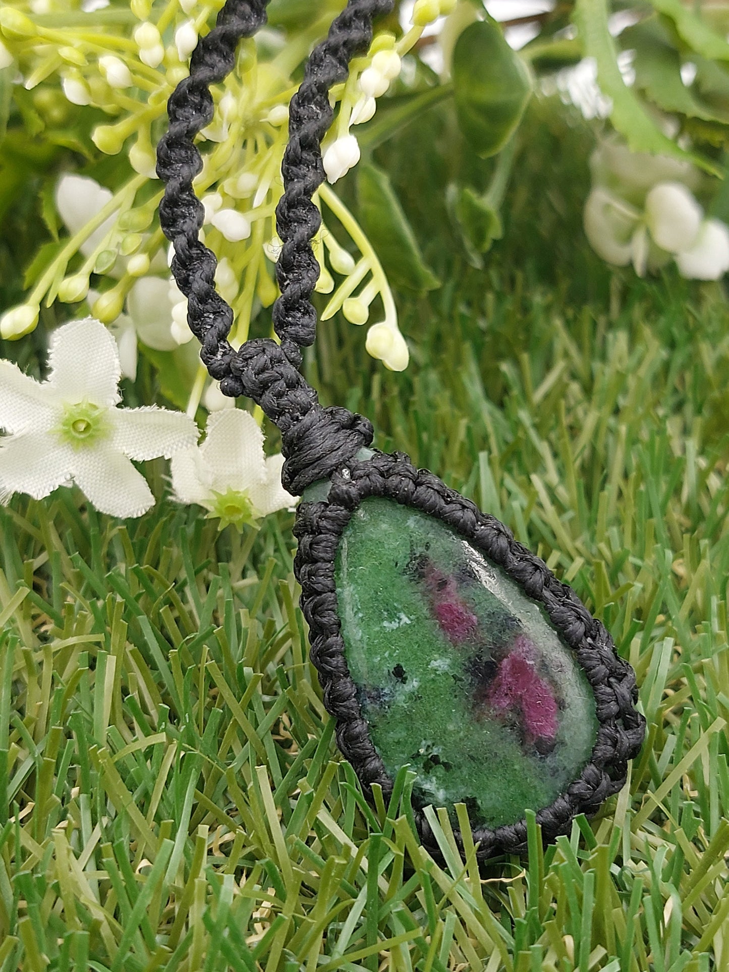 Natural Ruby Zoisite Handmade Wrapped Macrame Necklace - Healing Stone - Gift Idea - Protection