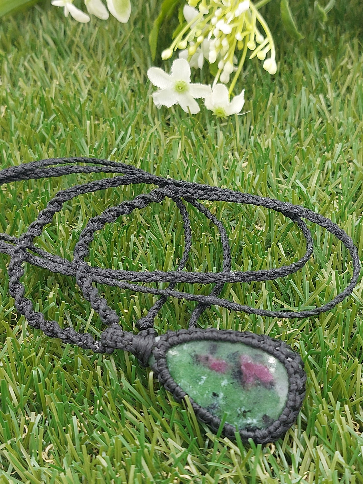 Natural Ruby Zoisite Handmade Wrapped Macrame Necklace - Healing Stone - Gift Idea - Protection