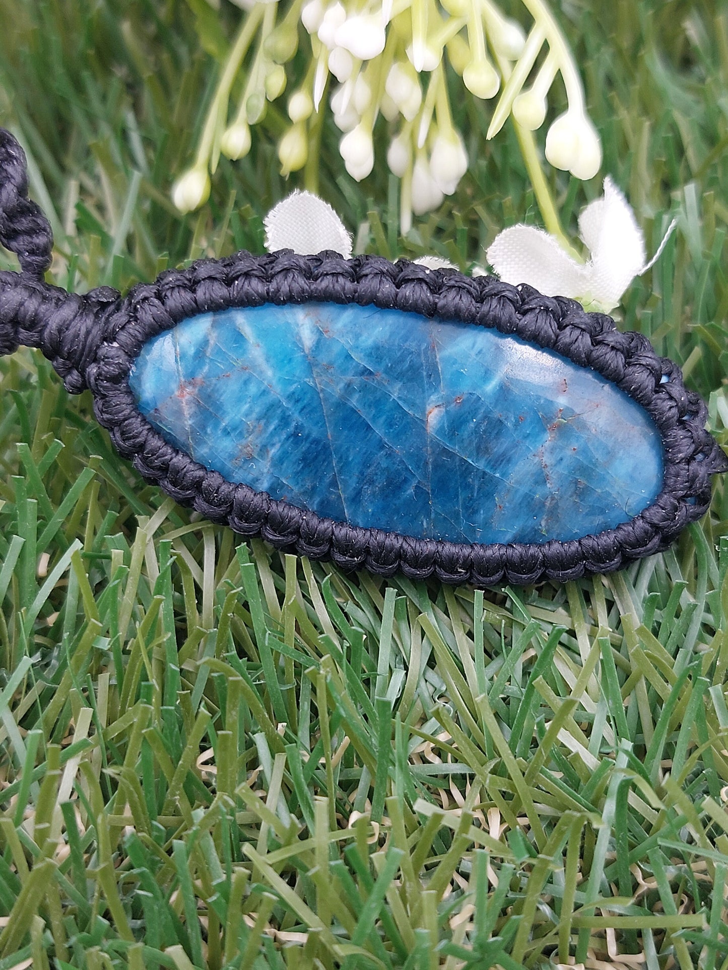 Blue Apatite Crystal Handmade Wrapped Macrame Necklace