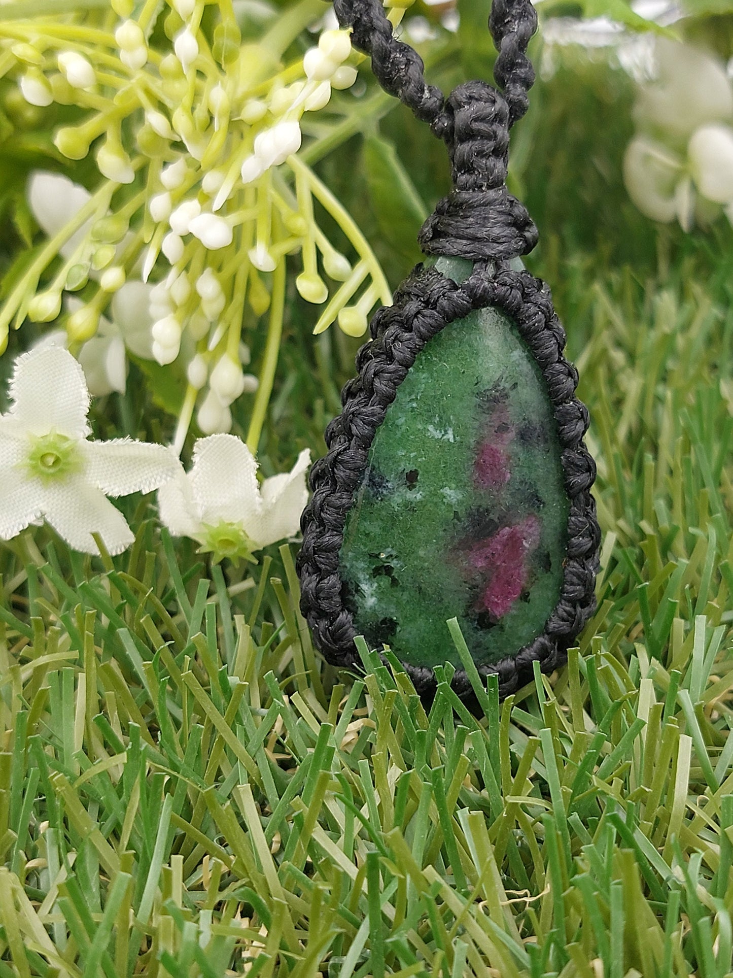 Natural Ruby Zoisite Handmade Wrapped Macrame Necklace - Healing Stone - Gift Idea - Protection
