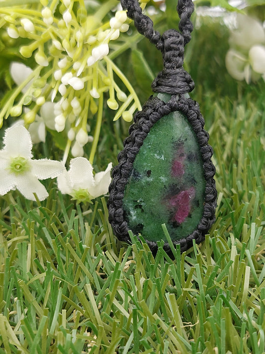 Natural Ruby Zoisite Handmade Wrapped Macrame Necklace - Healing Stone - Gift Idea - Protection