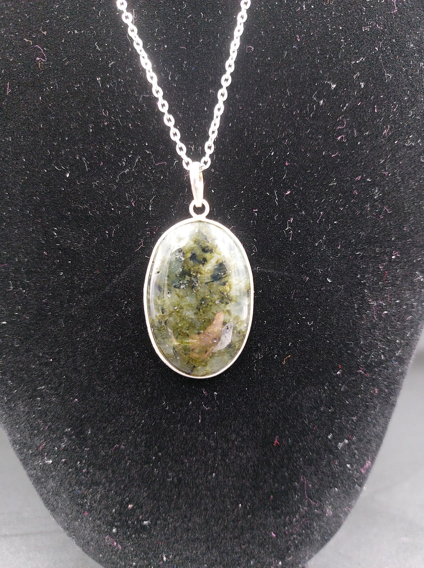 Prehnite with Βlack Tourmaline Inclusions Necklace Silver 925