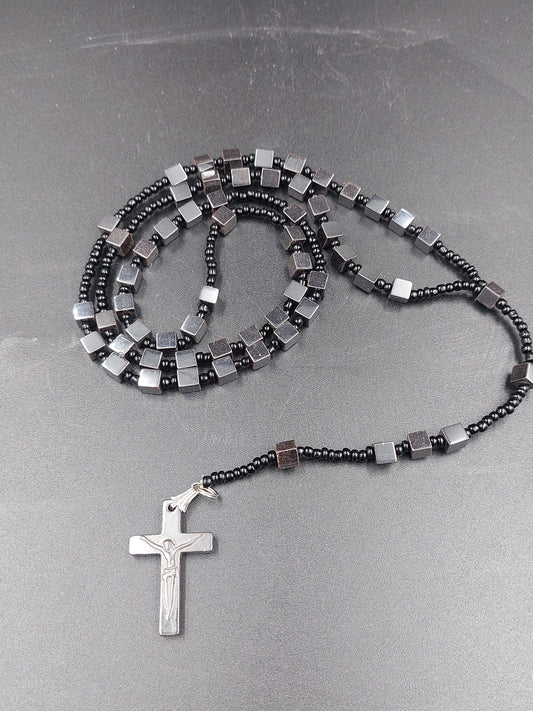 Hematite Crystal Rosary Beads with 925 Sterling Silver Medal Cross Piece
