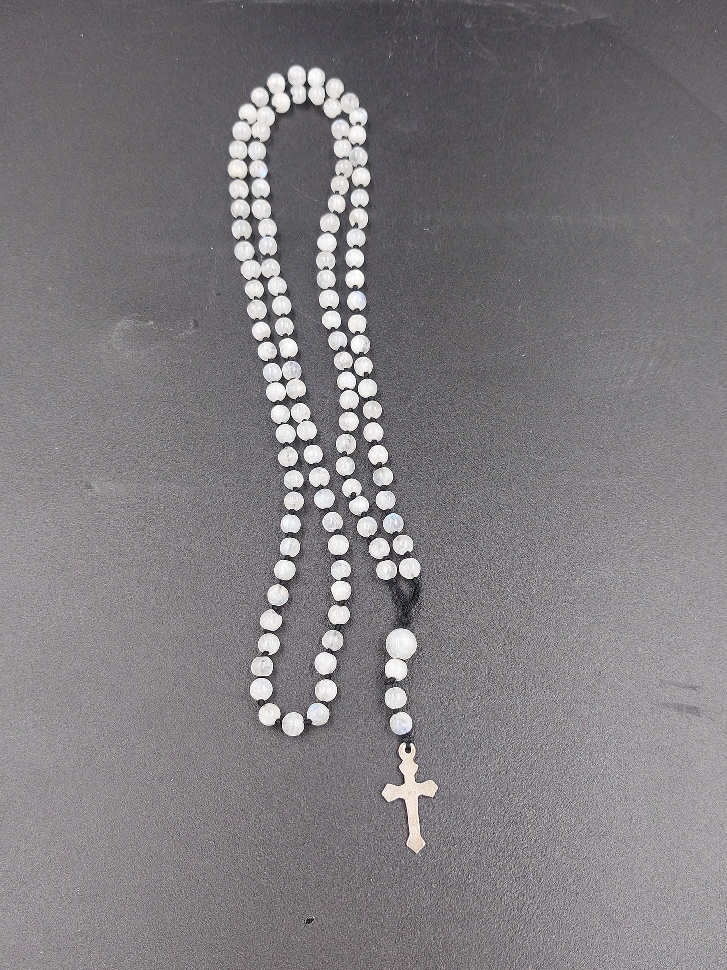 Moonstone Crystal Rosary Beads with 925 Sterling Silver Medal Cross Piece