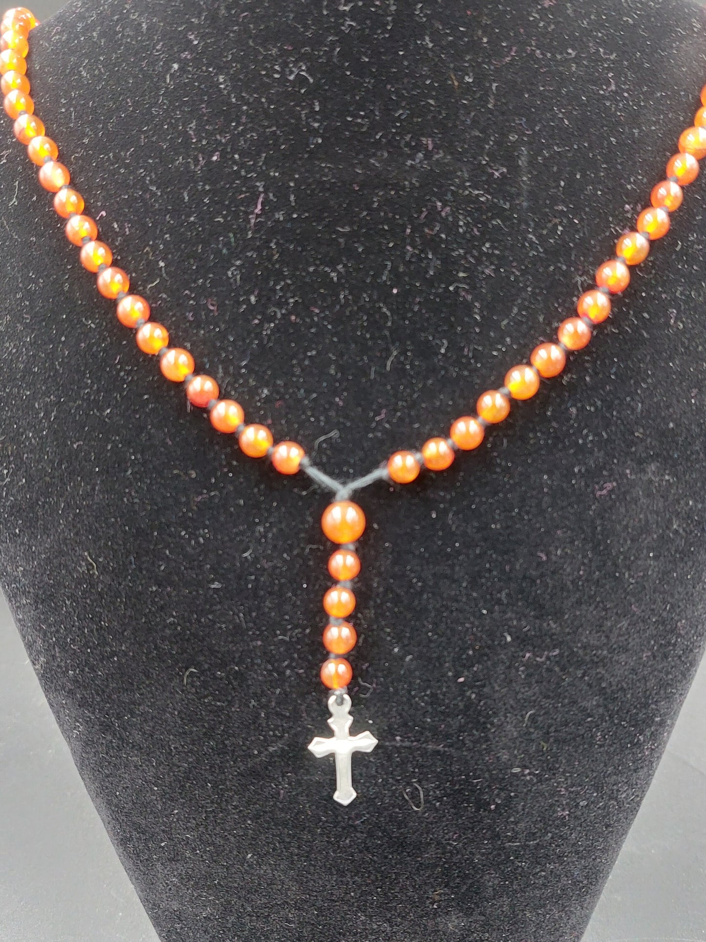 Carnelian Crystal Rosary Beads with 925 Sterling Silver Medal Cross Piece