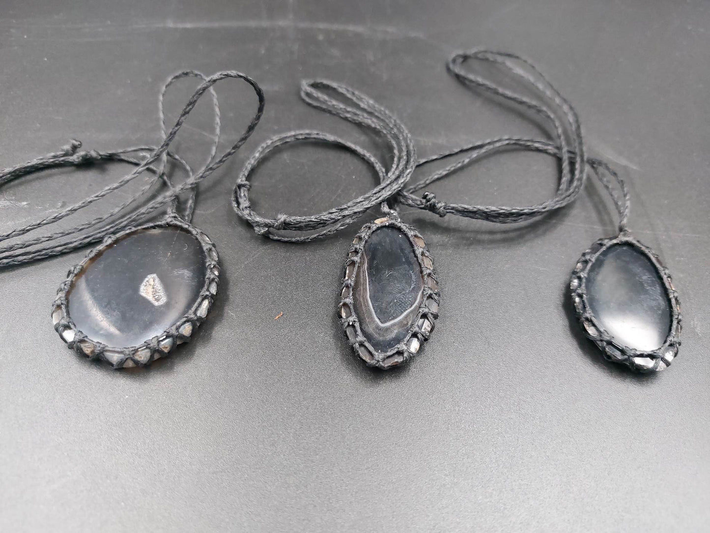 Natural Black Agate Handmade Wrapped Macrame Necklace - Healing Stone - Gift Idea - Protection