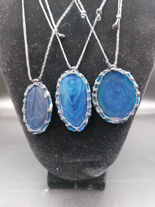 Natural Blue Agate Handmade Wrapped Macrame Necklace - Healing Stone - Gift Idea - Protection