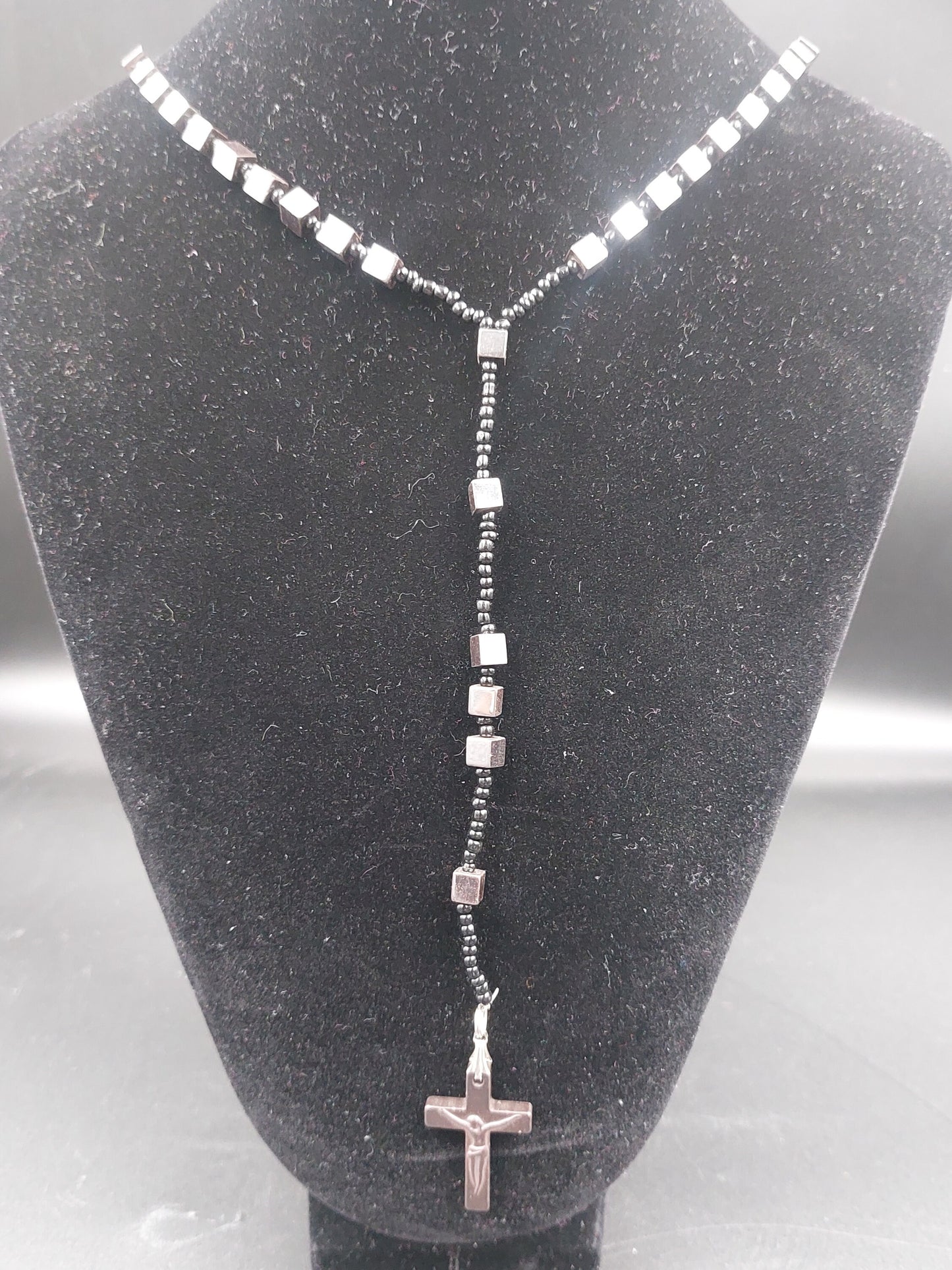 Hematite Crystal Rosary Beads with 925 Sterling Silver Medal Cross Piece
