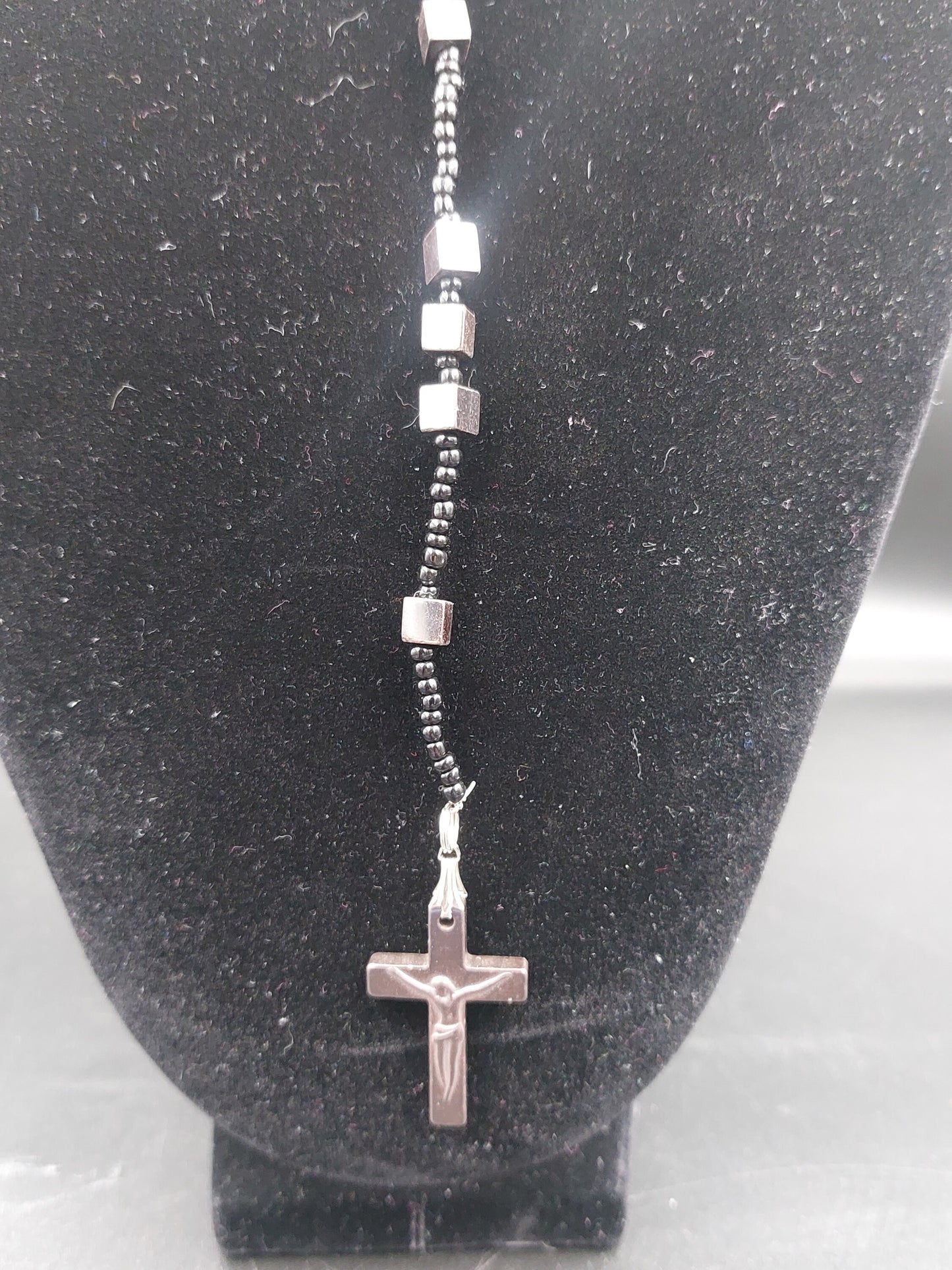 Hematite Crystal Rosary Beads with 925 Sterling Silver Medal Cross Piece