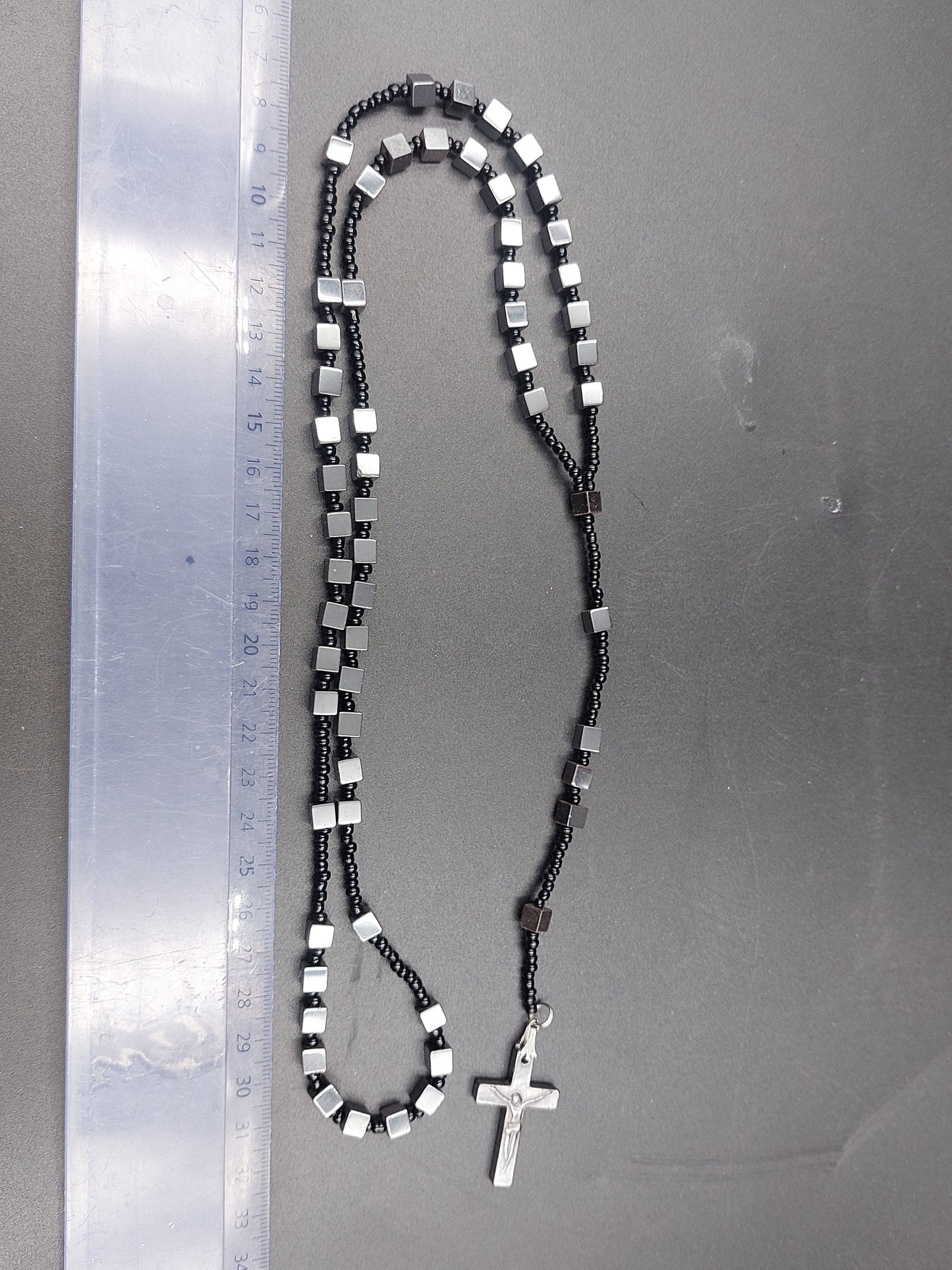 Hematite Crystal Rosary Beads with 925 Sterling Silver Medal Cross Piece