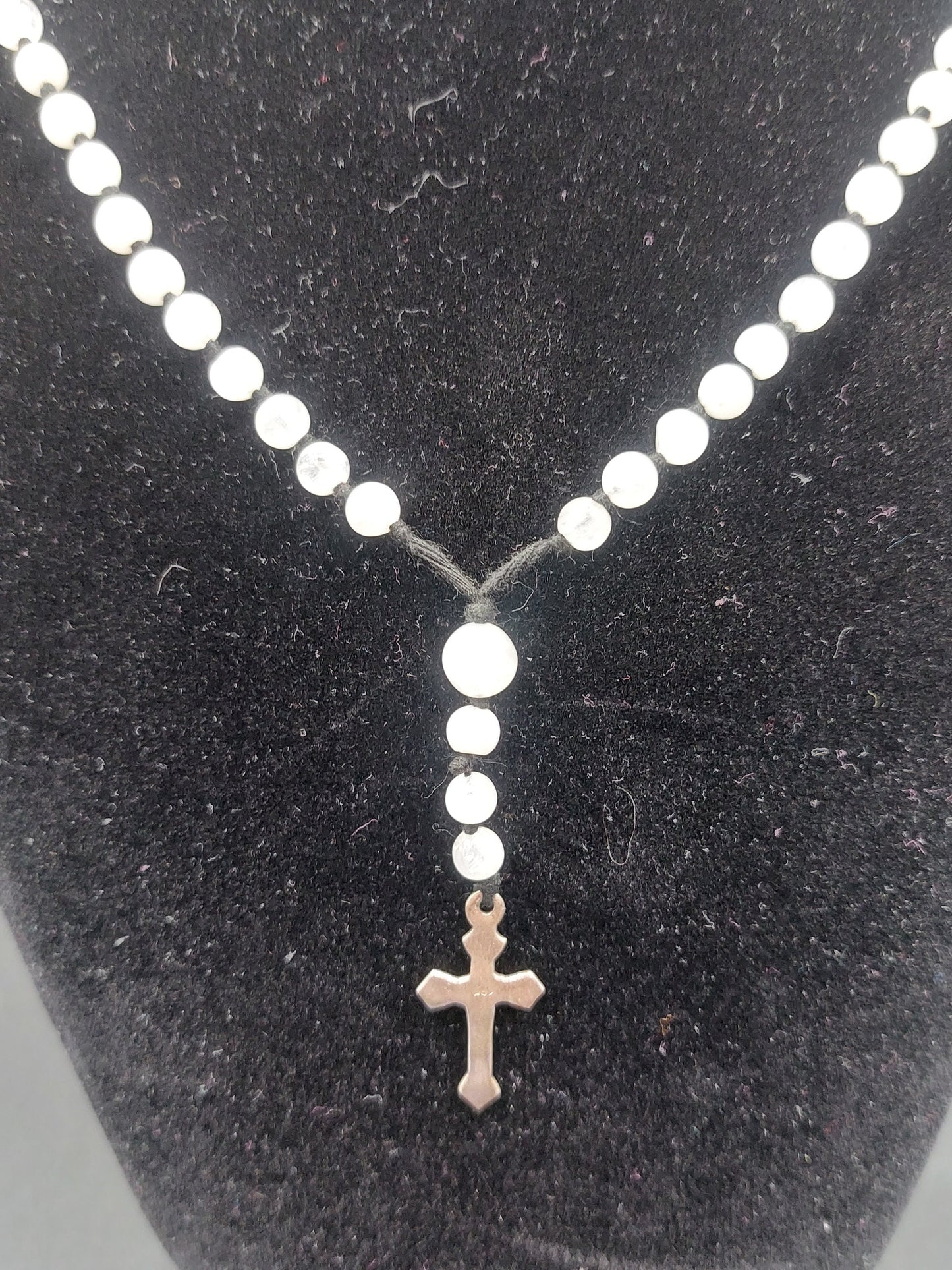 Moonstone Crystal Rosary Beads with 925 Sterling Silver Medal Cross Piece