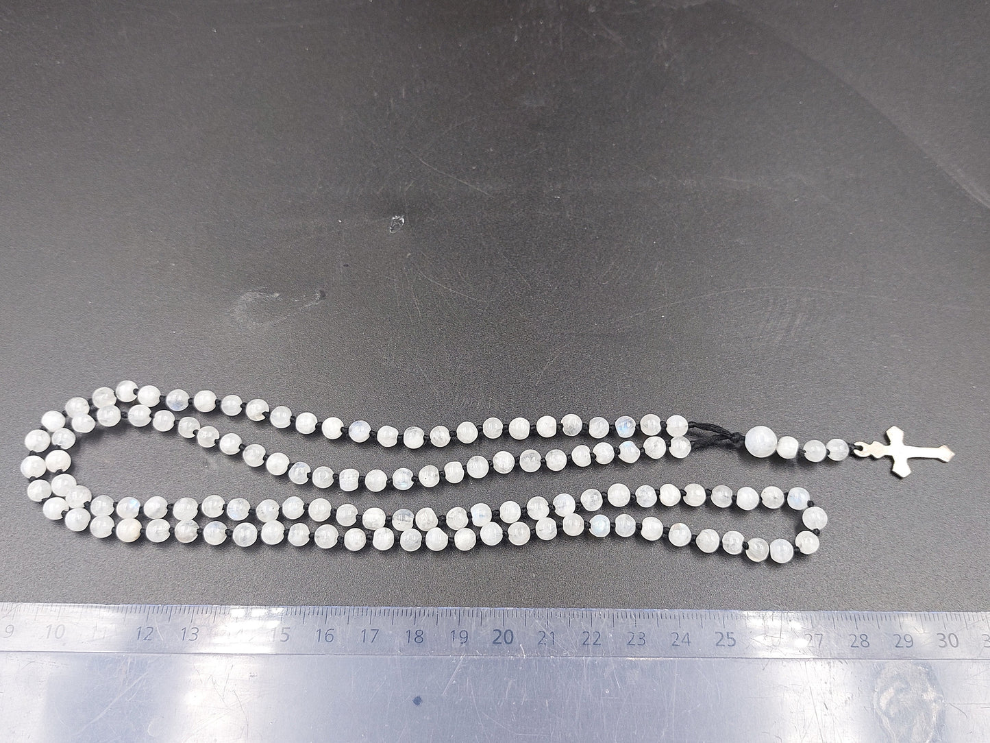 Moonstone Crystal Rosary Beads with 925 Sterling Silver Medal Cross Piece