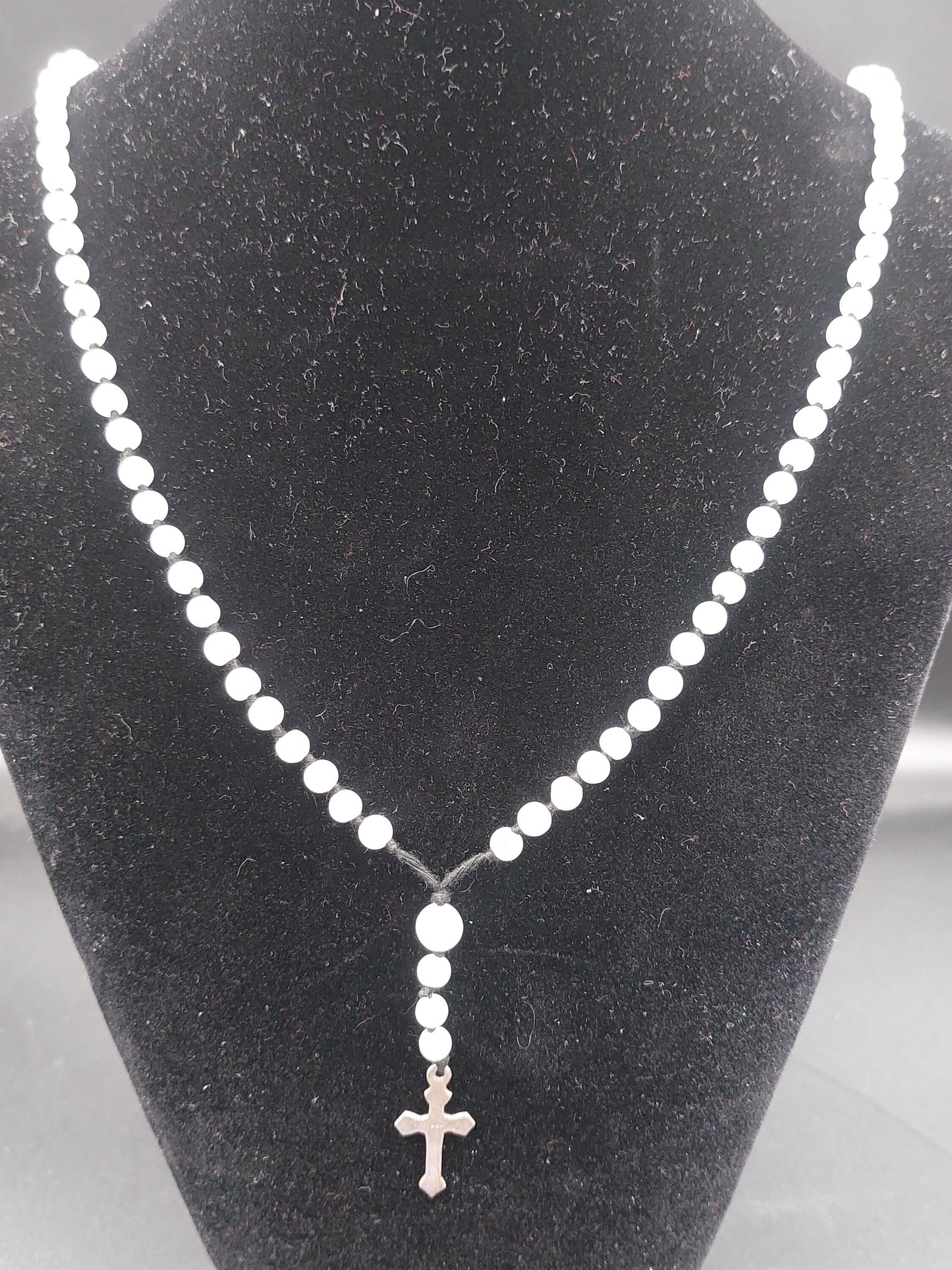 Moonstone Crystal Rosary Beads with 925 Sterling Silver Medal Cross Piece