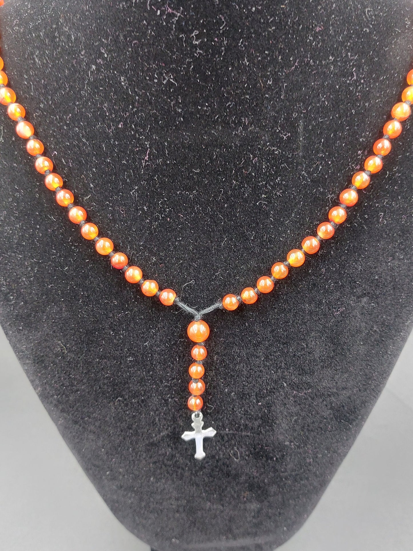 Carnelian Crystal Rosary Beads with 925 Sterling Silver Medal Cross Piece