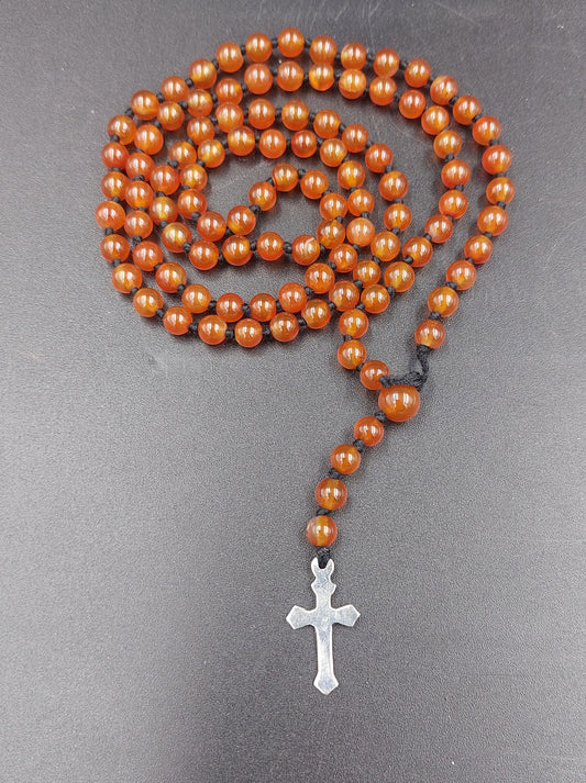 Carnelian Crystal Rosary Beads with 925 Sterling Silver Medal Cross Piece