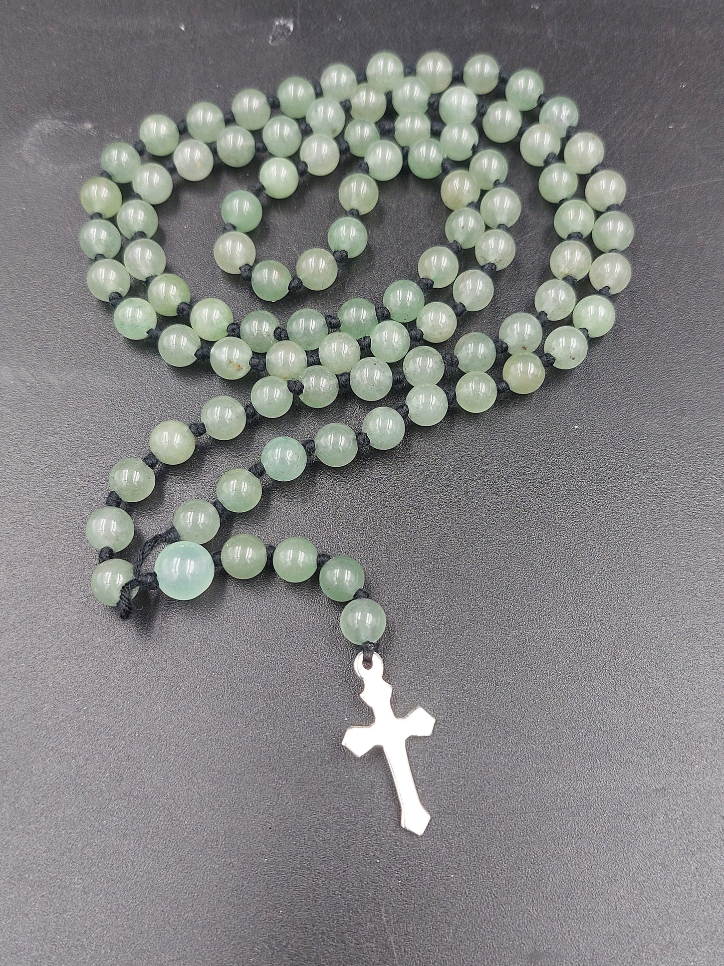 Aventurine Crystal Rosary Beads with 925 Sterling Silver Medal Cross Piece