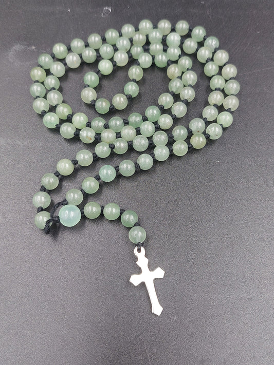 Aventurine Crystal Rosary Beads with 925 Sterling Silver Medal Cross Piece