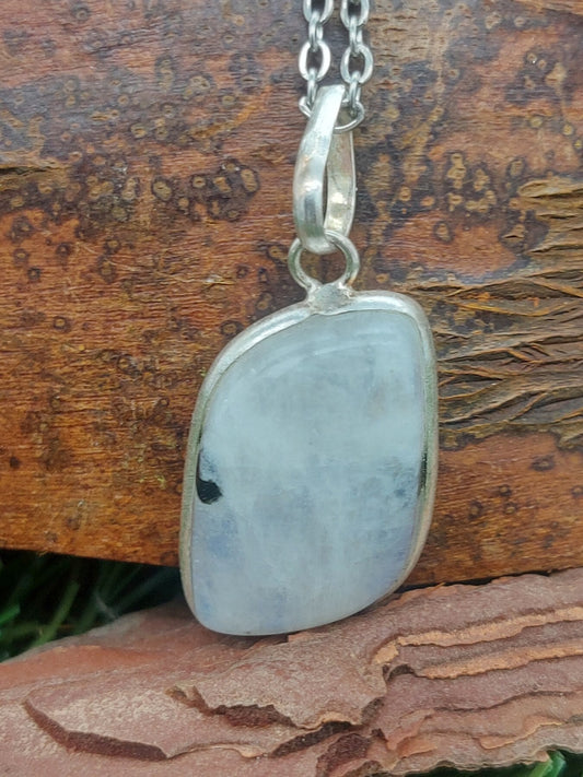 Moonstone with Black Tourmaline Sterling Silver 925 Pendant Cabochon Cut Healing Crystal