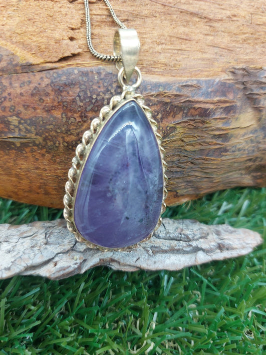 Amethyst Brass Pendant Cabochon Cut Healing Crystal
