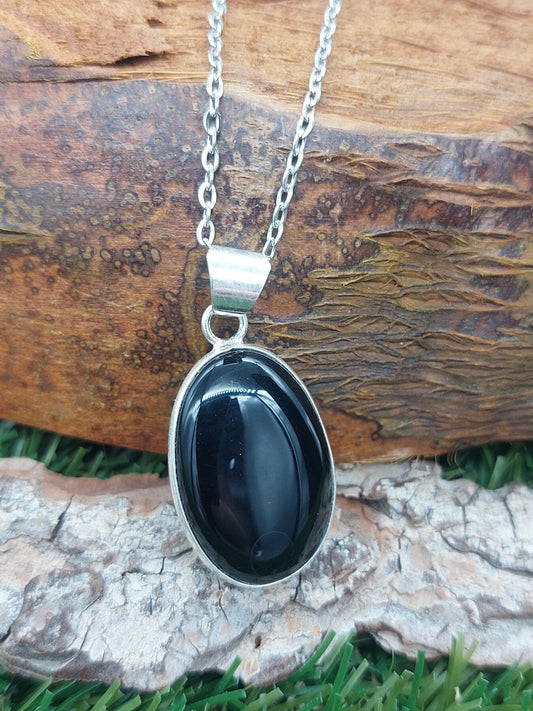 Black Obsidian Silver Plated Brass Pendant Cabochon Cut Healing Crystal