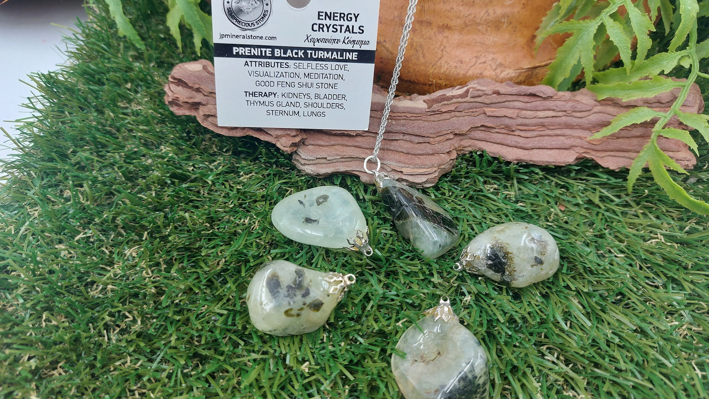 Prehnite with Black Toumaline Crystal Necklace