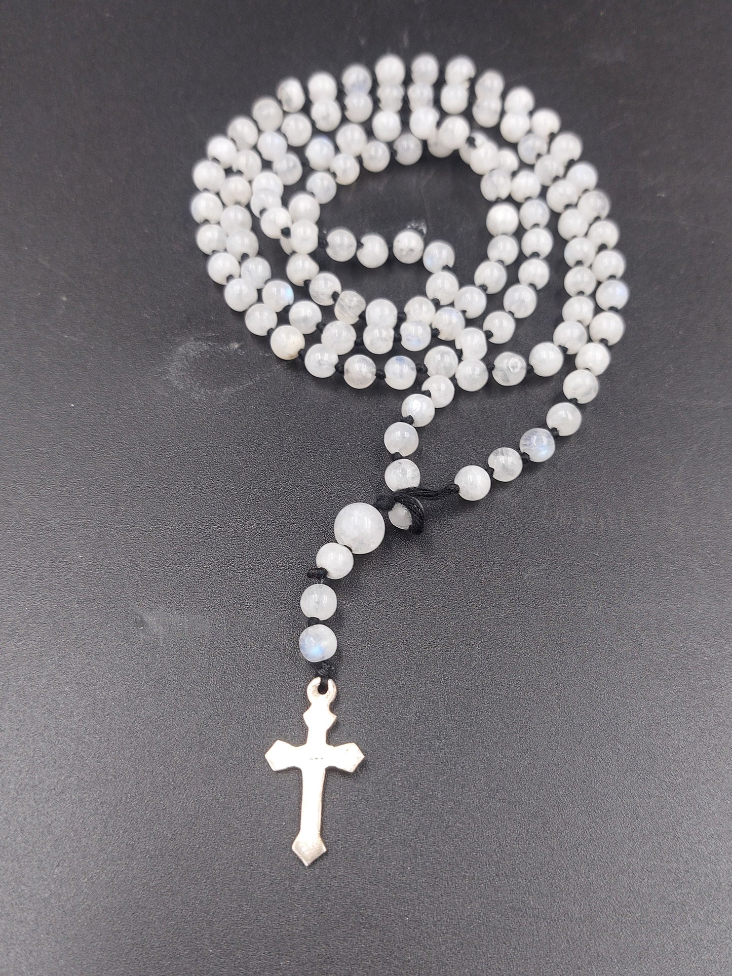 Moonstone Crystal Rosary Beads with 925 Sterling Silver Medal Cross Piece