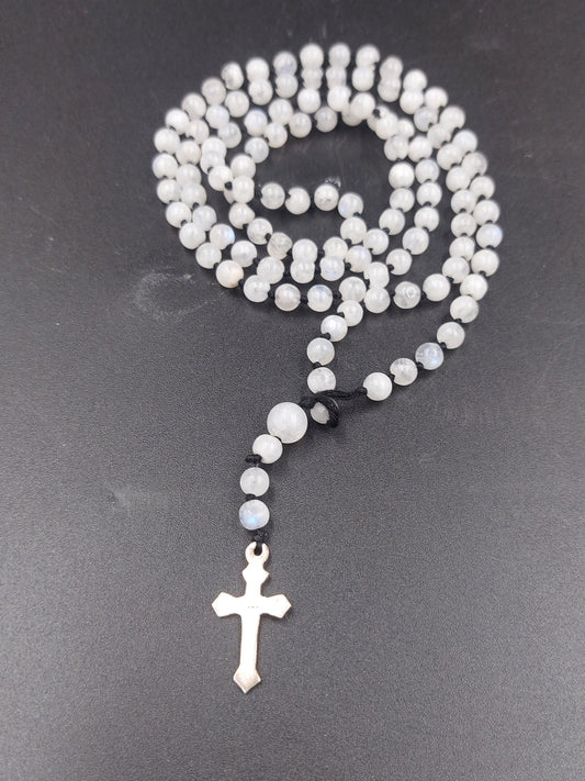 Moonstone Crystal Rosary Beads with 925 Sterling Silver Medal Cross Piece
