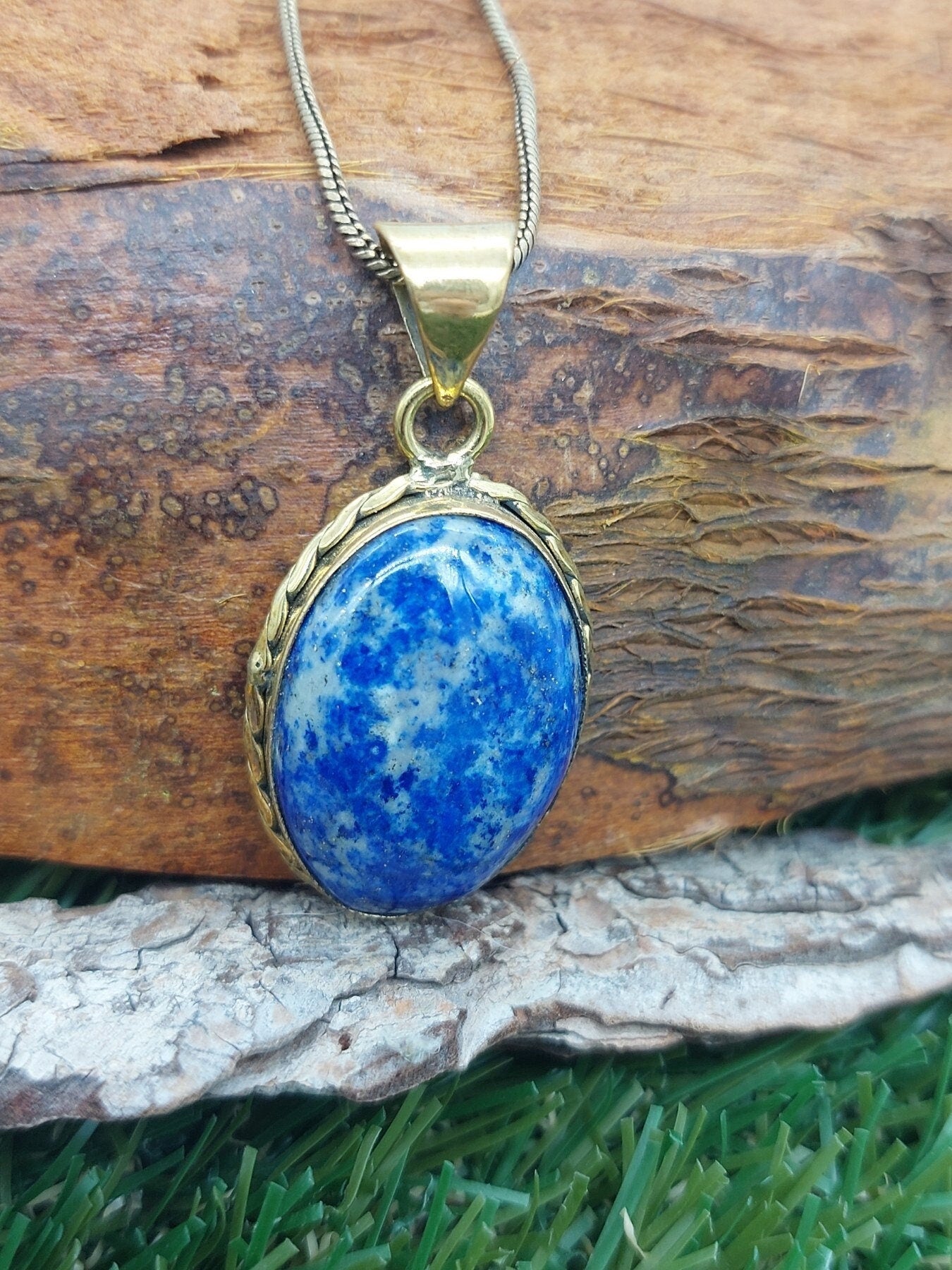 Lapis Lazuli Brass Pendant Cabochon Cut Healing Crystal