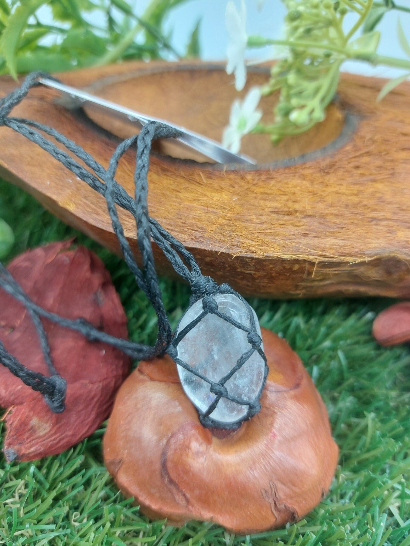 Klarer Quarz poliert Kristall Makramee Halskette Manifestation Stein