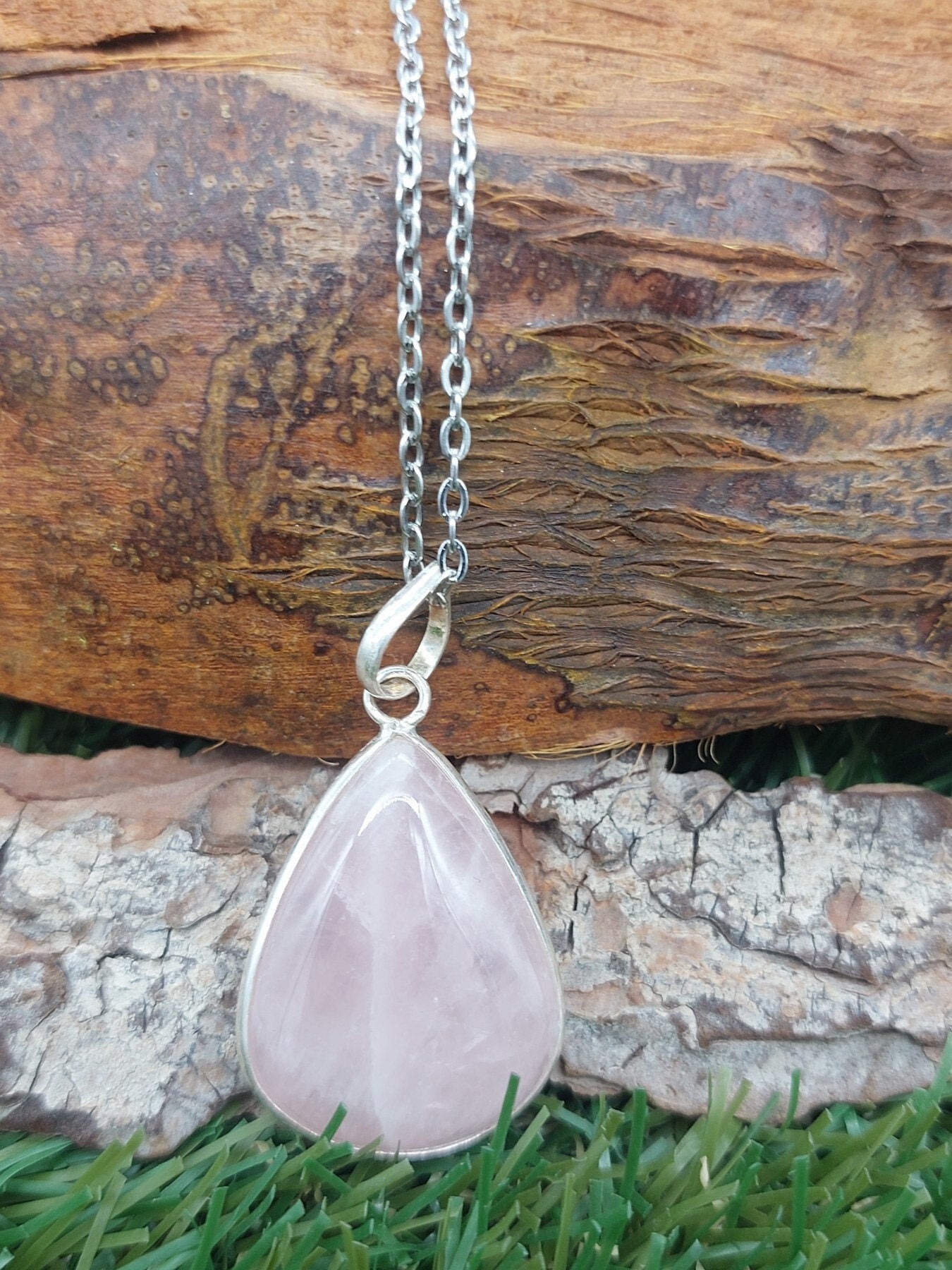Rose Quartz Silver Plated Brass Pendant Cabochon Cut Healing Crystal