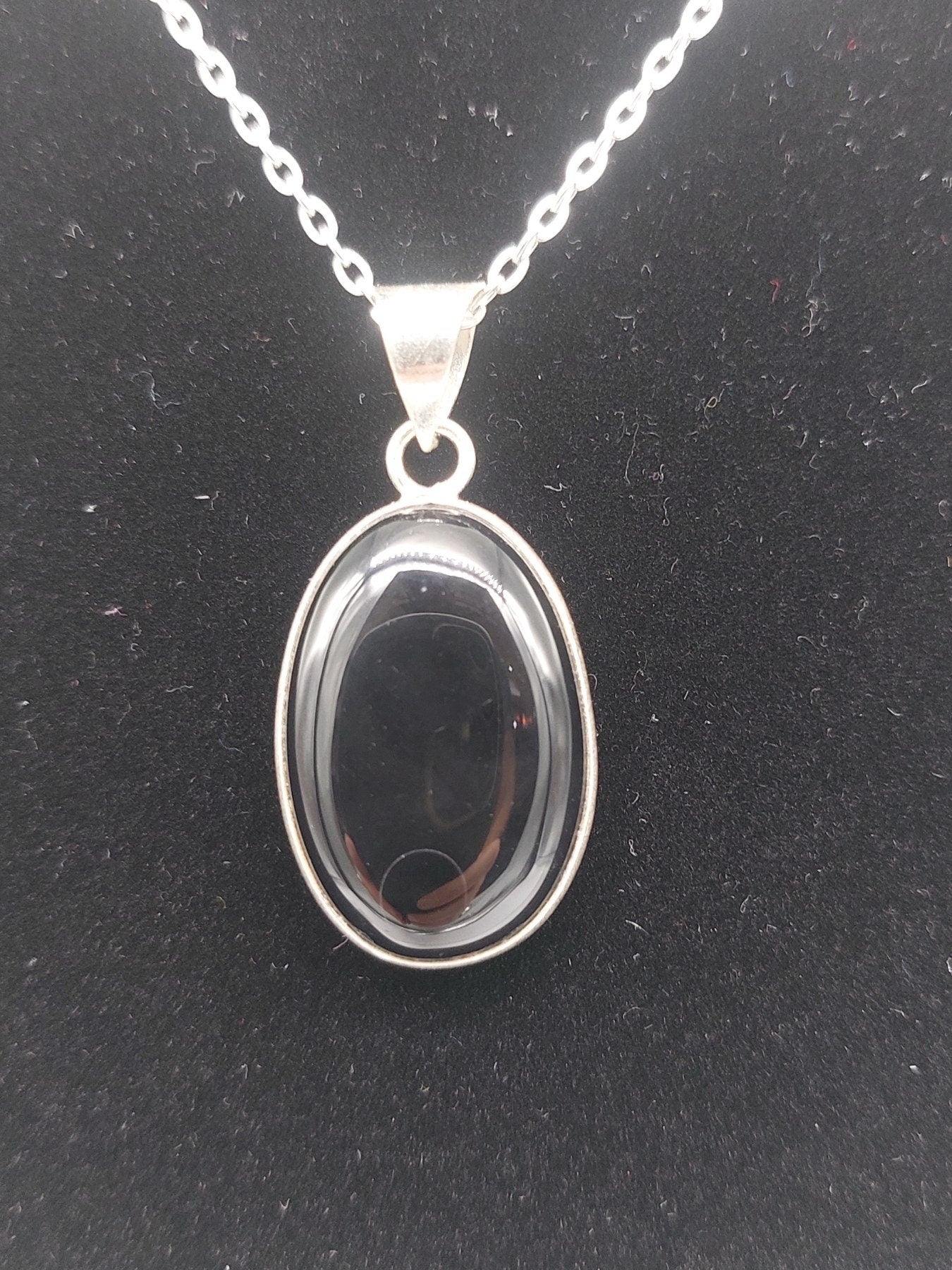Black Obsidian Silver Plated Brass Pendant Cabochon Cut Healing Crystal
