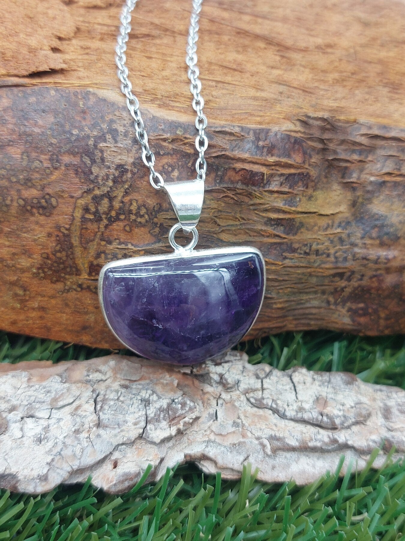 Amethyst Silver Plated Brass Pendant Cabochon Cut Healing Crystal