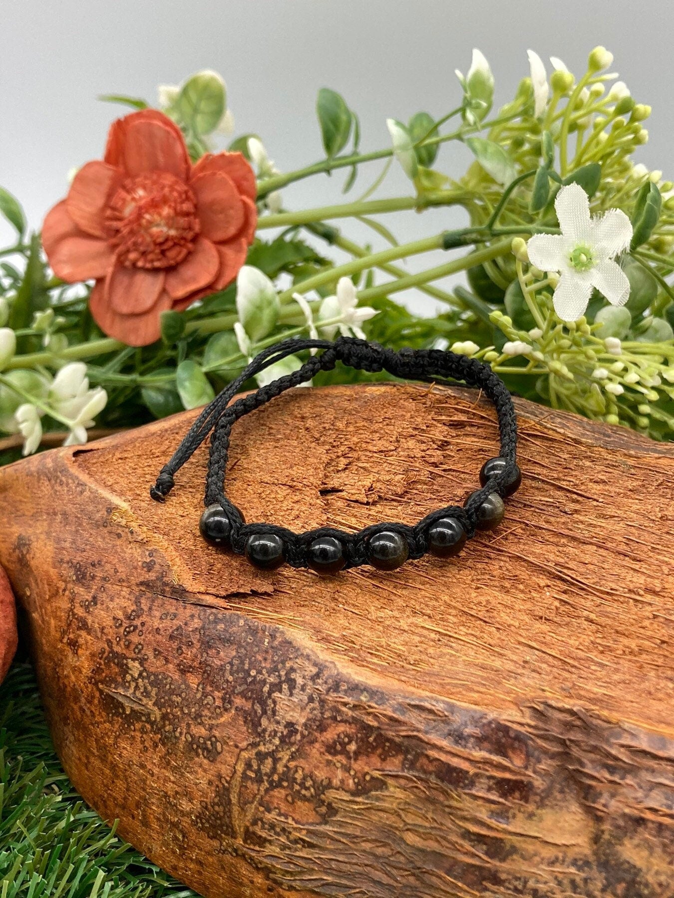Golden Sheen Obsidian Beaded Macrame Bracelet