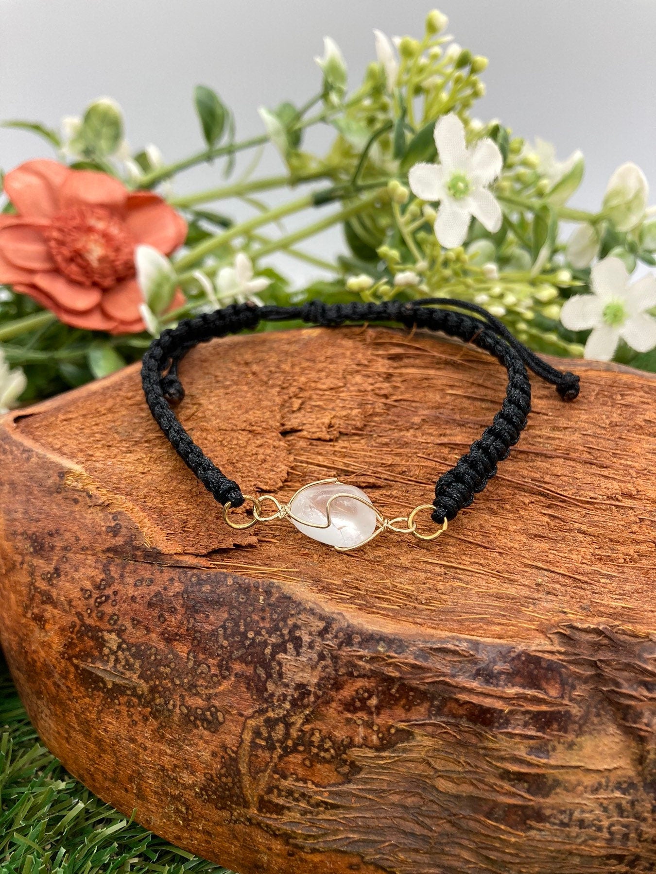 Clear Quartz Crystal Macrame Bracelet with Gold Plated Wrap