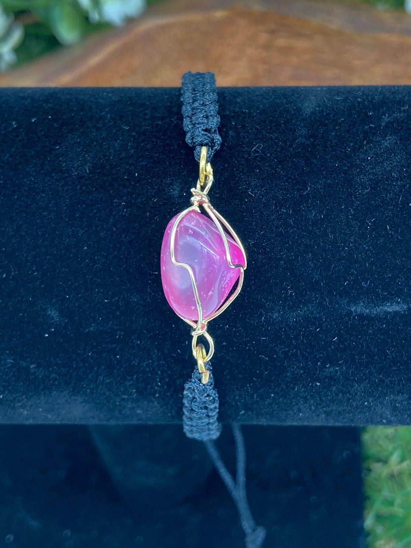 Pink Agate Crystal Macrame Bracelet with Gold Plated Wrap